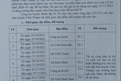 ?? THÔNG BÁO: Lịch cấp căn cước công dân trên địa bàn huyện Vĩnh Thuận